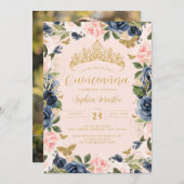 金ゴールドピンクネイビーフローラバタフライ写真キンセアニェラ 招待状 (正面/裏面)