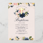 金ゴールドピンクネイビーフローラバプテスマ 箔招待状 (正面)
