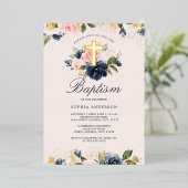 金ゴールドピンクネイビーフローラバプテスマ 箔招待状 (立ち正面)