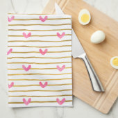金ゴールドピンクハートとストライプ キッチンタオル (四つ折り)