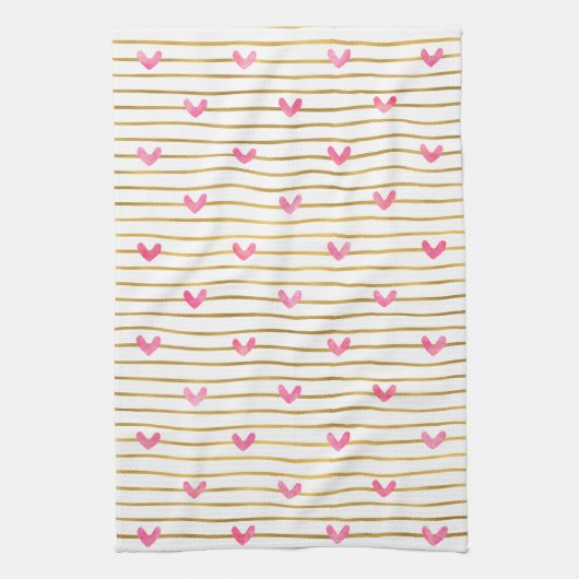 金ゴールドピンクハートとストライプ キッチンタオル (縦)
