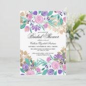 金ゴールドピンクバイオレットフローラ水カラーブライダルシャワー 招待状 (スタンド正面)