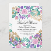 金ゴールドピンクバイオレットフローラ水カラーブライダルシャワー 招待状 (正面/裏面)