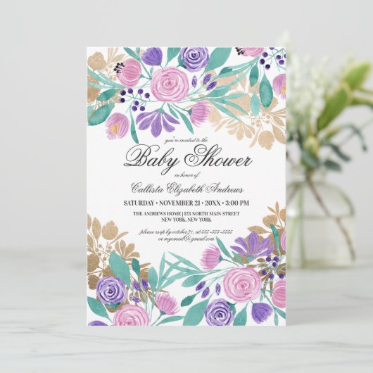 金ゴールドピンクバイオレットフローラ水彩赤ちゃんシャワー 招待状 (スタンド正面)