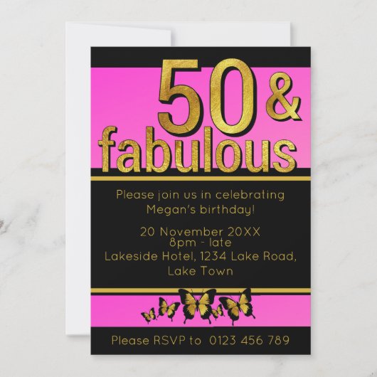 金ゴールドピンクバタフライフィフティ&素晴らしい50誕生日 招待状 (正面)