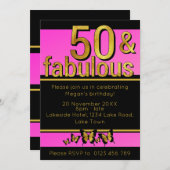 金ゴールドピンクバタフライフィフティ&素晴らしい50誕生日 招待状 (正面/裏面)