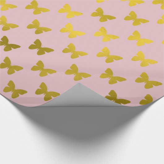 金ゴールドピンクバタフライフェイク金属箔蝶 ラッピングペーパー (角)