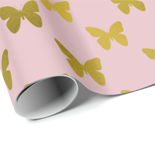 金ゴールドピンクバタフライフェイク金属箔蝶 ラッピングペーパー (ロールコーナー)