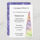 金ゴールドピンクパープルグリッターライムユニコーン誕生日 招待状 (正面/裏面)