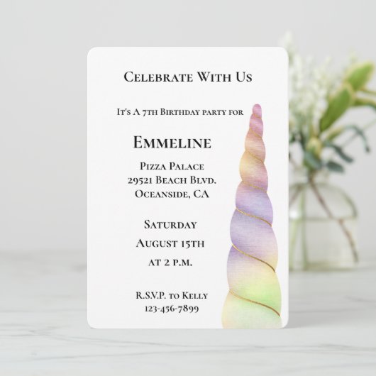 金ゴールドピンクパープルグリッターライムユニコーン誕生日 招待状 (スタンド正面)