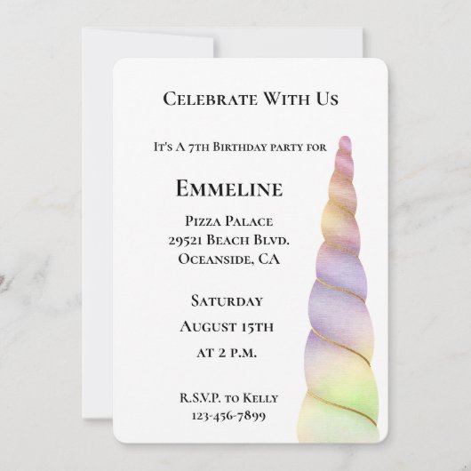 金ゴールドピンクパープルグリッターライムユニコーン誕生日 招待状 (正面)