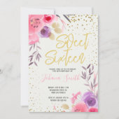 金ゴールドピンクパープルフローラSweet sixteen誕生日 招待状 (正面)