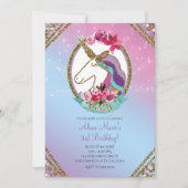 金ゴールドピンクパープルマジカルユニコーン誕生日パーティー 招待状 (正面)