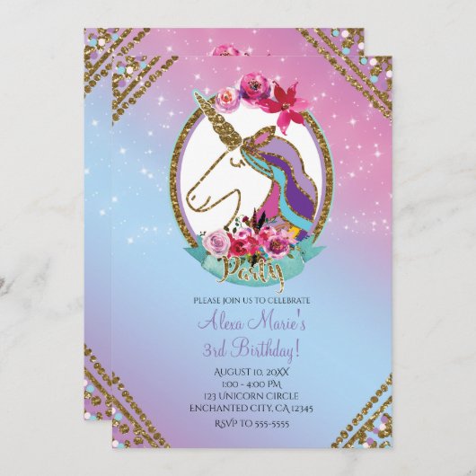 金ゴールドピンクパープルマジカルユニコーン誕生日パーティー 招待状 (正面/裏面)