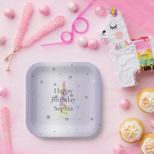 金ゴールドピンクパープルライムドットユニコーン誕生日 ペーパープレート (パーティー)