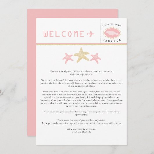 金ゴールドピンクヒトジャマイカ結婚のウェルカムレター (正面/裏面)