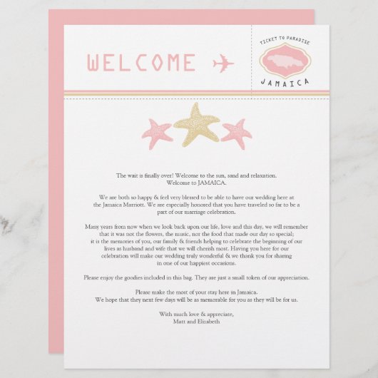 金ゴールドピンクヒトジャマイカ結婚のウェルカムレター (正面/裏面)