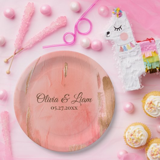 金ゴールドピンクピーチネームブラウンエレガントな結婚式 ペーパープレート (パーティー)
