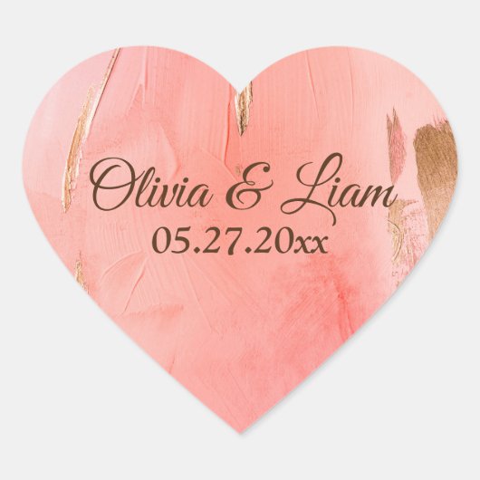 金ゴールドピンクピーチブラウン名日付エレガントな結婚式 ハートシール (正面)