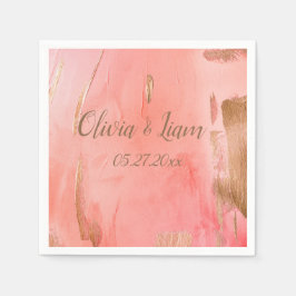 金ゴールドピンクピーチ名日付エレガントな結婚式 スタンダードカクテルナプキン