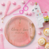 金ゴールドピンクピーチ名日付エレガントな結婚式 ペーパープレート (パーティー)