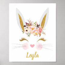 金ゴールドピンクピーニーラビット顔プリント子供部屋ポスター