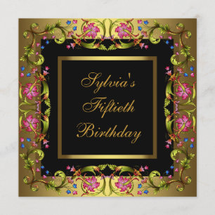 金ゴールドピンクフラワーズ女性50歳誕生日パーティー 招待状