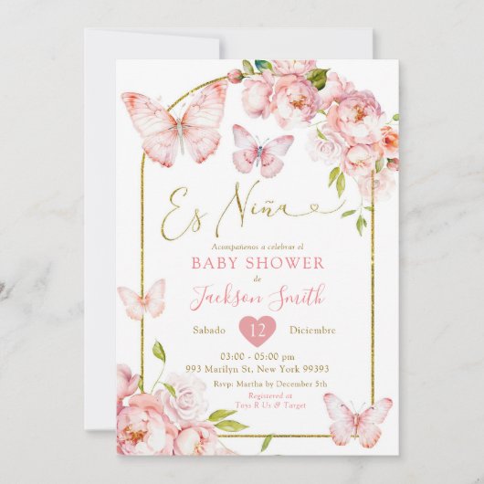金ゴールドピンクフローラエスニーナバタフライベビーシャワー 招待状 (正面)