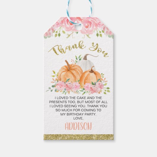 金ゴールドピンクフローラカボチャ誕生日メッセージカード ギフトタグ (正面)
