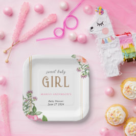 金ゴールドピンクフローラガールベビーシャワーフレーム ペーパープレート