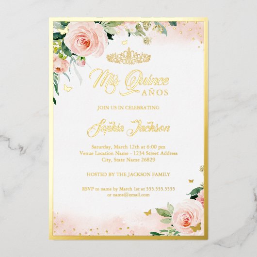 金ゴールドピンクフローラキンセアニェラ誕生日 箔招待状 (正面)