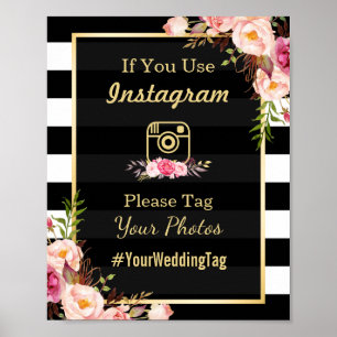 金ゴールドピンクフローラストライプ Instagram結婚のサイン ポスター