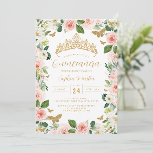 金ゴールドピンクフローラティアラバタフライキンセアニェラ 招待状 (スタンド正面)