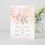 金ゴールドピンクフローラバタフライバプテスマ《キリスト教》洗礼式や命名式 招待状 (スタンド正面)