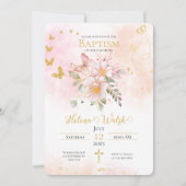 金ゴールドピンクフローラバタフライバプテスマ《キリスト教》洗礼式や命名式 招待状 (正面)