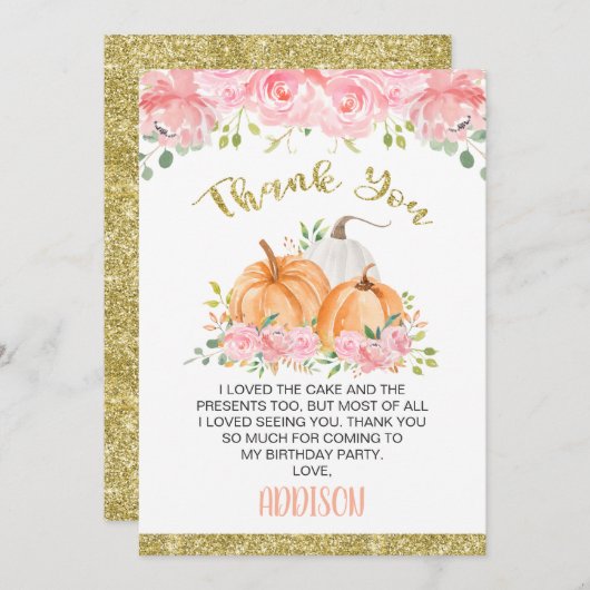 金ゴールドピンクフローラパンプキン誕生日サンキューカード 招待状 (正面/裏面)