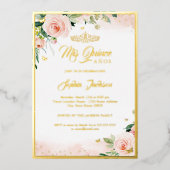 金ゴールドピンクフローラフォトキンセアニェラ誕生日 箔招待状 (正面)