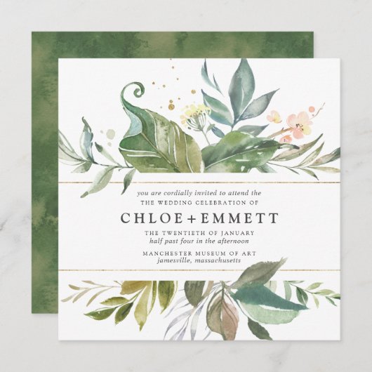 金ゴールドピンクフローラボホボタニカルスクエア結婚 招待状 (正面/裏面)