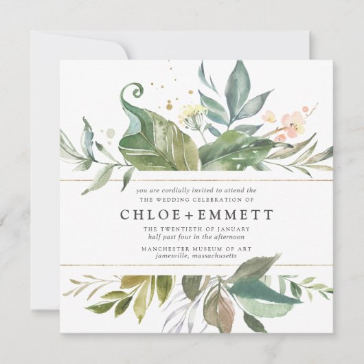 金ゴールドピンクフローラボホボタニカルスクエア結婚 招待状 (正面)