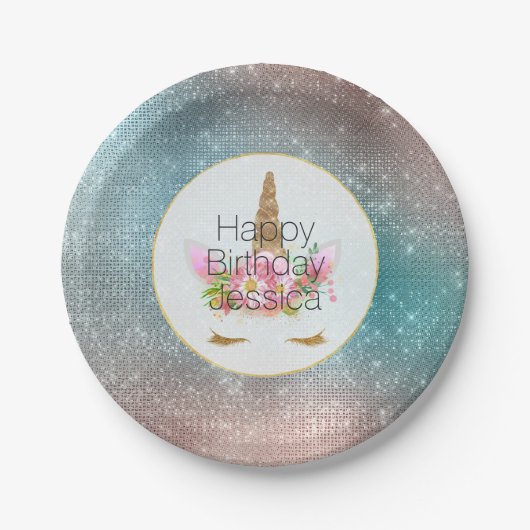 金ゴールドピンクフローラユニコーン誕生日 ペーパープレート (正面)