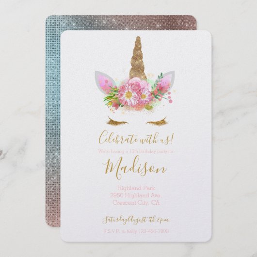 金ゴールドピンクフローラユニコーン誕生日 招待状 (正面/裏面)