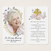 金ゴールドピンクフローラ写真葬儀祈りの言葉カード (正面&裏面)