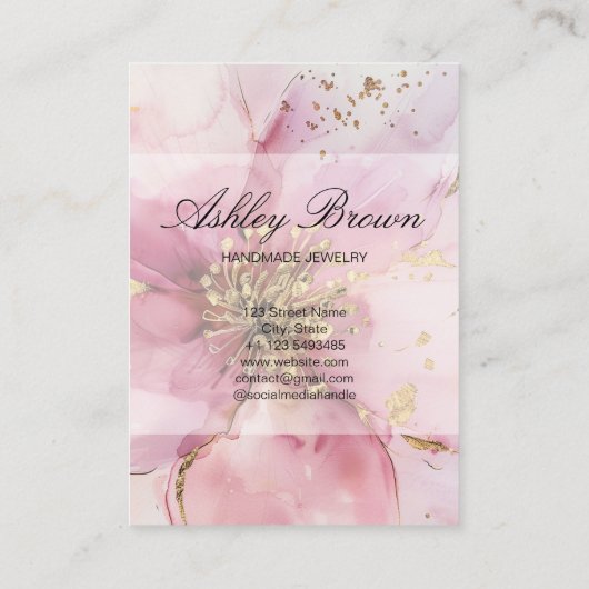 金ゴールドピンクフローラ手作りジュエリーイヤリングディスプレイ 名刺 (裏面)