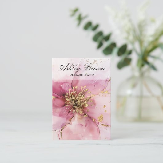金ゴールドピンクフローラ手作りジュエリーイヤリングディスプレイ 名刺 (スタンド正面)