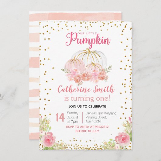 金ゴールドピンクフローラ金ゴールドパンプキン1歳の誕生日 招待状 (正面/裏面)
