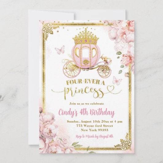 金ゴールドピンクフーバーザプリンセスキャリッジ誕生日 招待状 (正面)