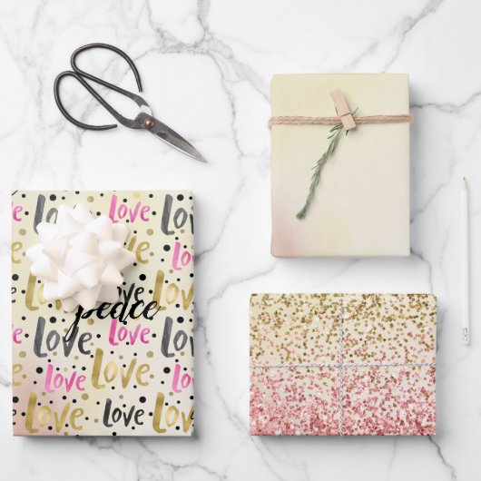 金ゴールドピンクブラック紙吹雪ラブピースグリッター ラッピングペーパーシート (正面)