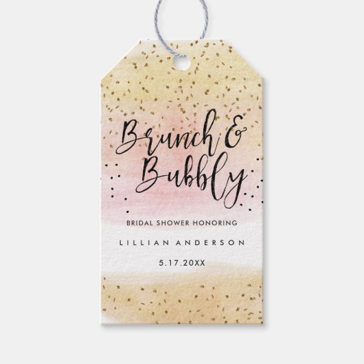 金ゴールドピンクブランチとバブリーブライダルシャワーラベル ギフトタグ (正面)