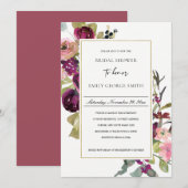 金ゴールドピンクブルゴーニュバラフローラブライダルシャワー招待状 サンキューカード (正面/裏面)