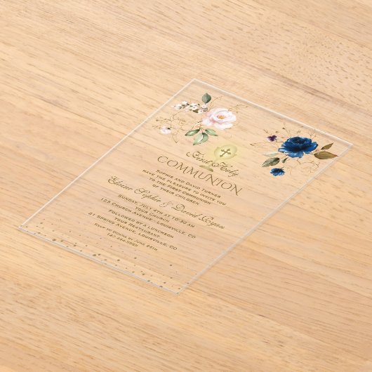 金ゴールドピンクブルーフローラツインズファースト聖餐式 アクリル招待状 (レイダウン)